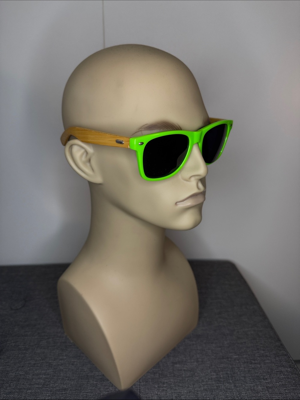 Neon Green Frame Sunglasses with Bamboo Temples